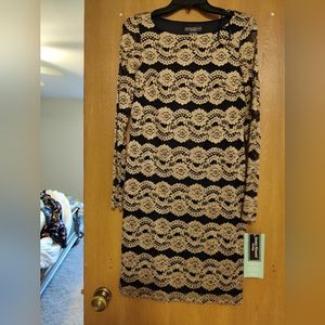 Jessica Howard Evenings Lace Midi Cocktail Dress Navy and Gold Size 8